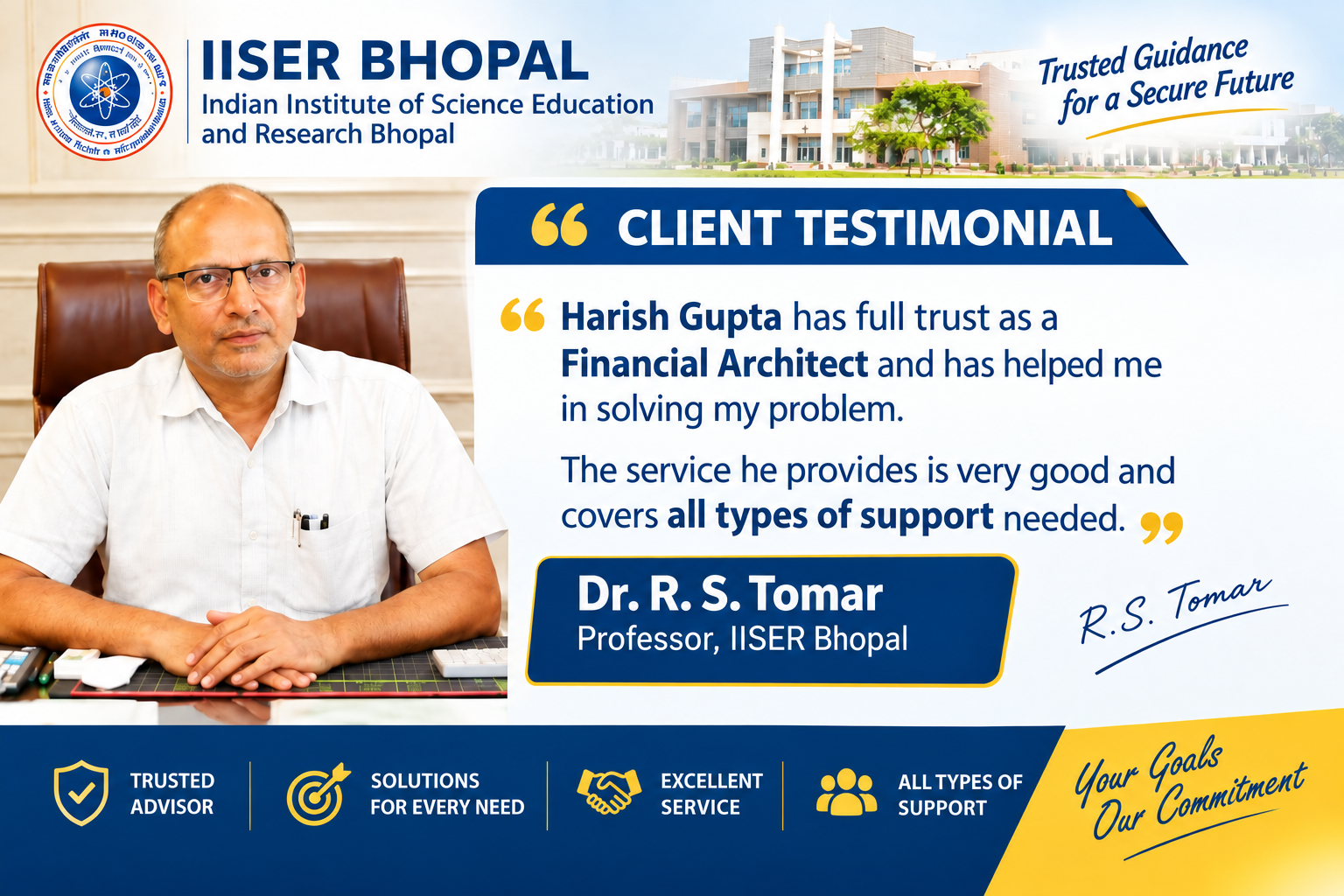 Client testimonial from Dr. R. S. Tomar, Professor, IISER Bhopal