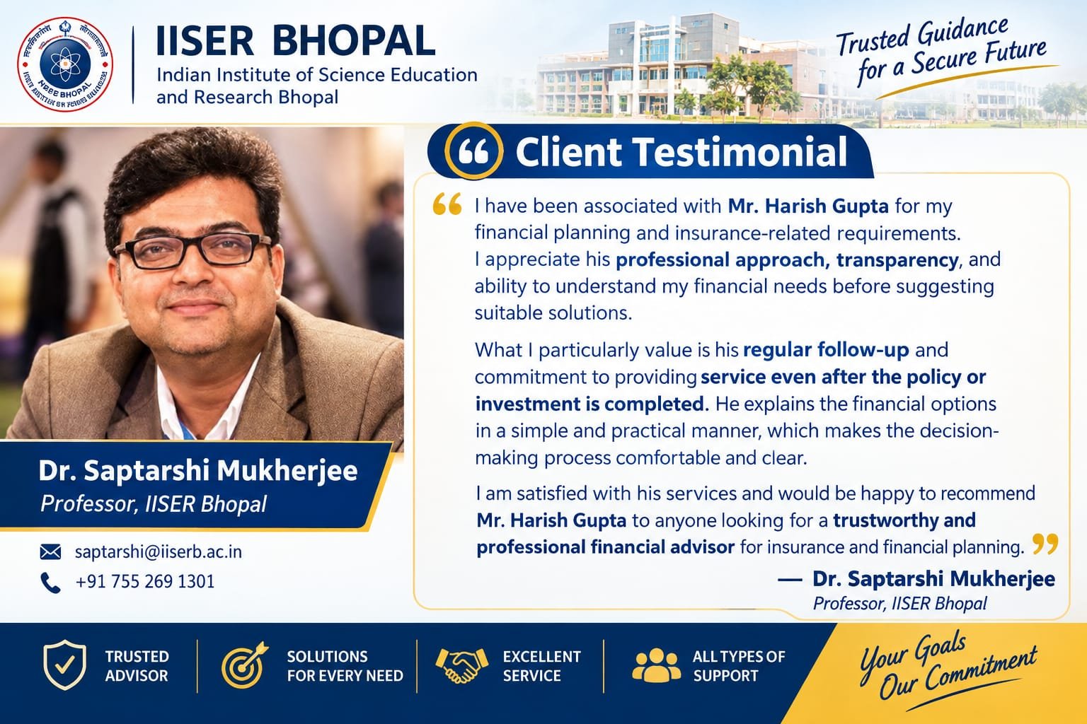 Client testimonial from Dr. Saptarshi Mukherjee, Professor, IISER Bhopal